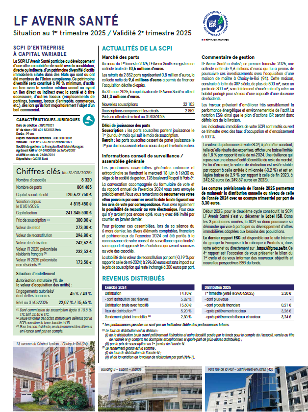 Rapport trimestriel du 1T 2025 de la SCPI LF Avenir Santé