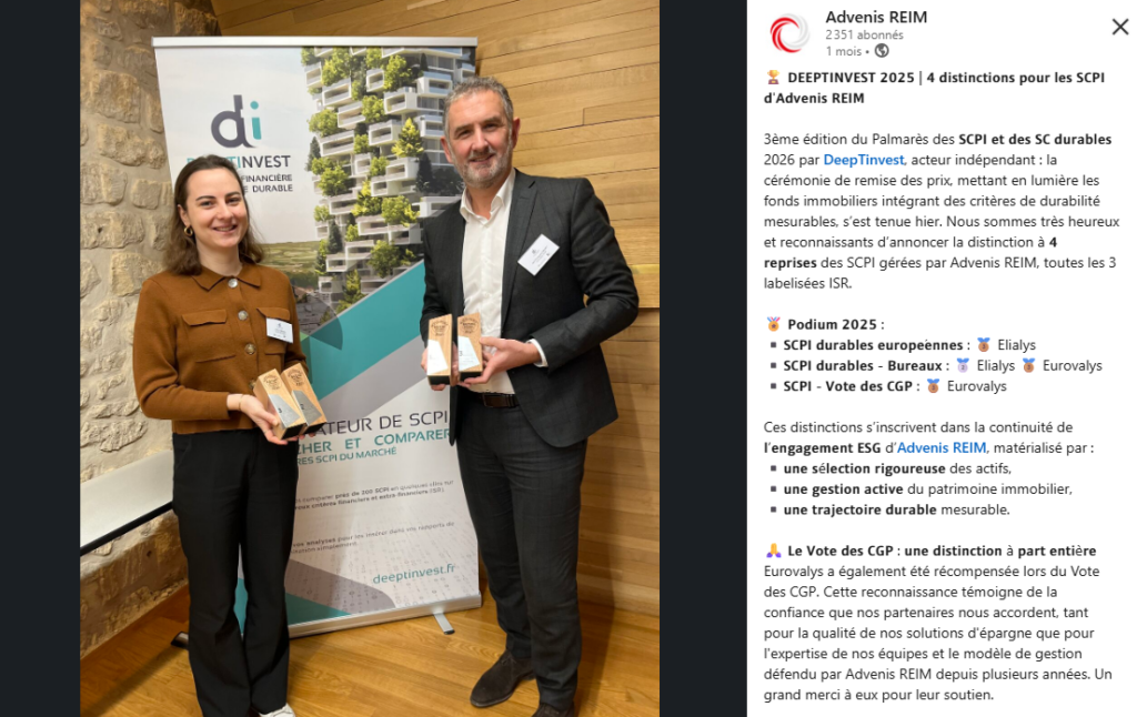 Advenis LinkedIn Palmarès SCPI durables