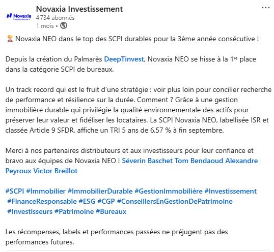 Novaxia LinkedIn Palmarès SCPI durables