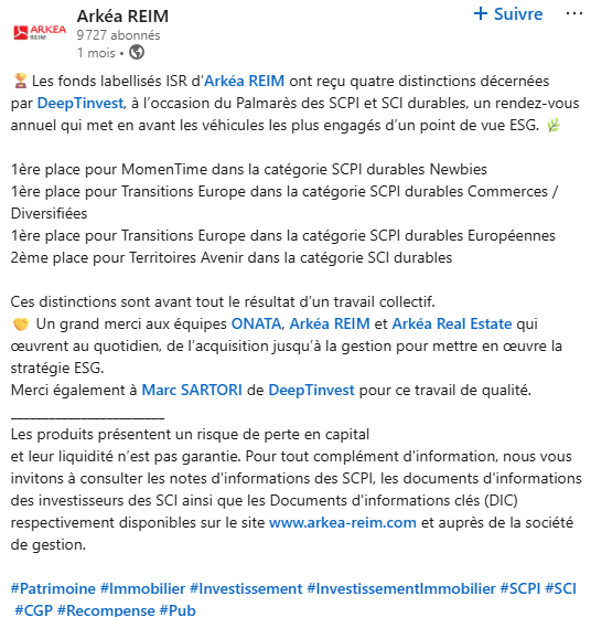 arkea LinkedIn Palmarès SCPI durables