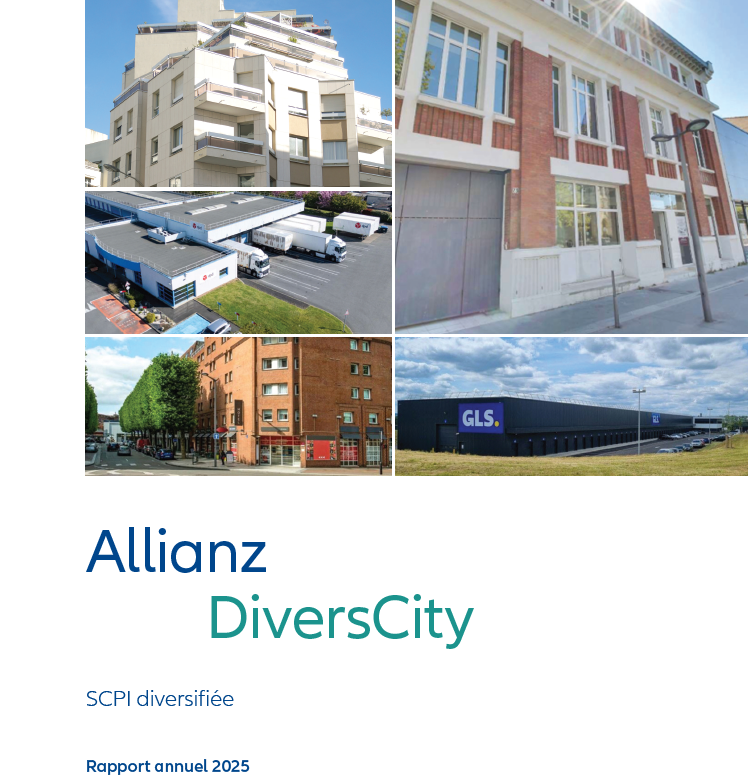 Rapport annuel 2025 de la SCPI Allianz DiversCity : collecte, acquisitions, patrimoine, taux de distribution et résultats 2025.